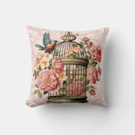 Almofada Romântico Cage de Pássaros Floral Aquarela Vintage