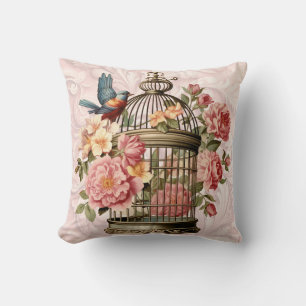 Almofada Romântico Cage de Pássaros Floral Aquarela Vintage