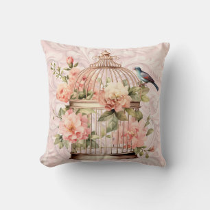 Almofada Romântico Cage de Pássaros Floral Aquarela Vintage