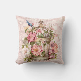 Almofada Romântico Cage de Pássaros Floral Aquarela Vintage