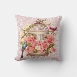 Almofada Romântico Cage de Pássaros Floral Aquarela Vintage