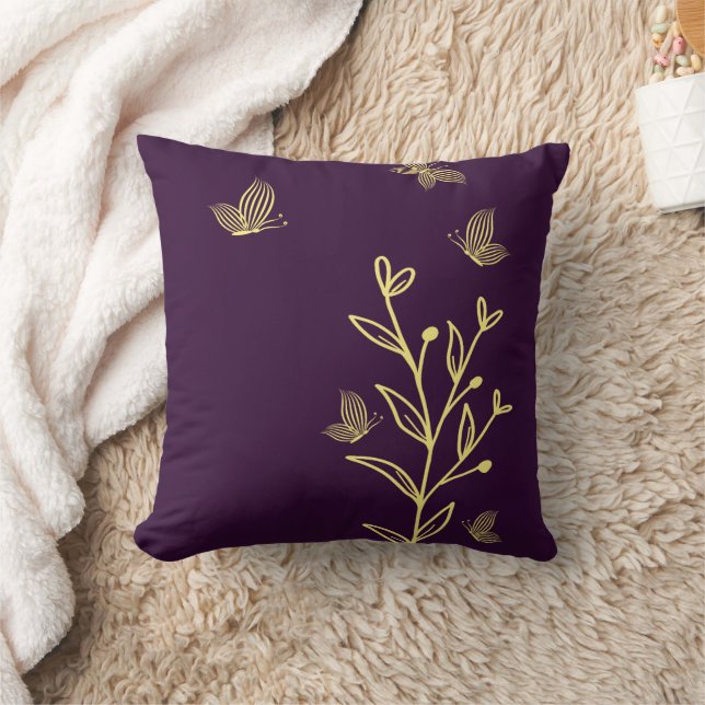 Almofada Romântico elegante flor dourada roxa (Cobertor)