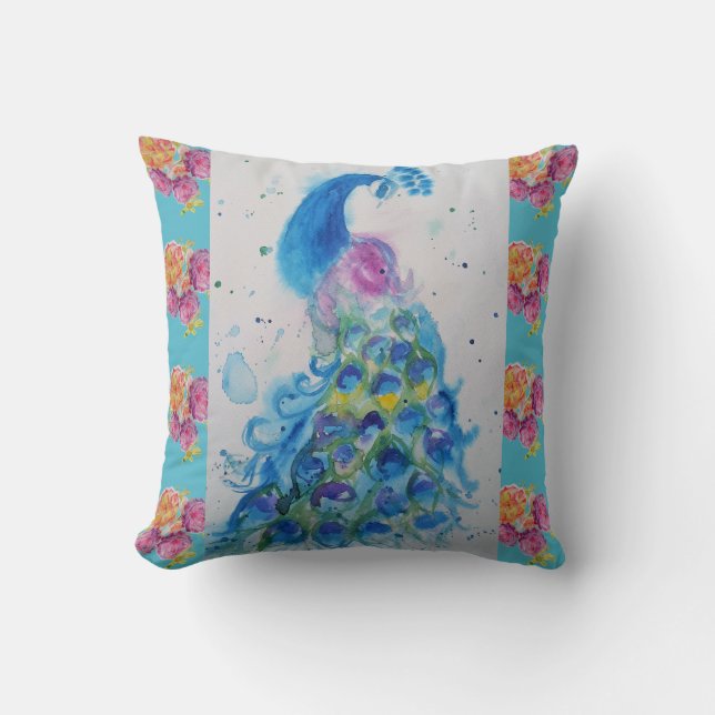 Almofada Rosa Aqua Pássaro Azul Pavão Aquarela (Frente)
