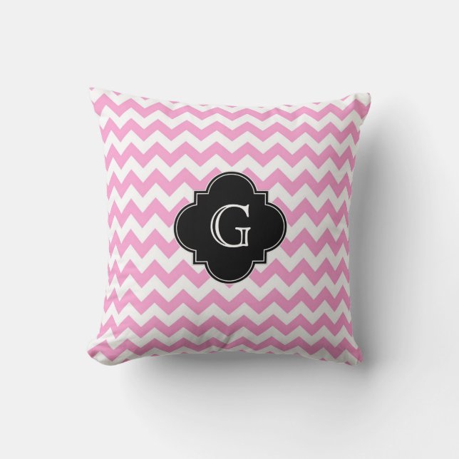 Almofada Rosa Chevron Zigzag Preto Quatrefoil Monograma (Frente)