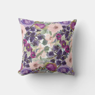 Almofada Rosa Corado Roxo Aquarela Floral Verde Salvia
