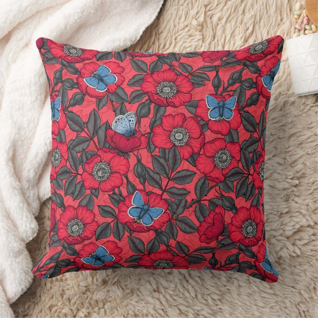 Almofada Rosa de cão e borboletas em vermelho e azul (Cobertor)