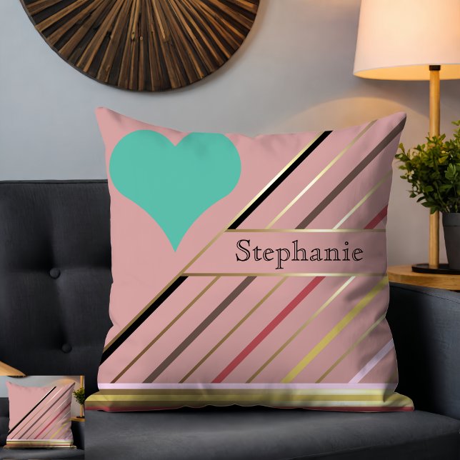 Almofada Rosa de faixas inspiradas na Retro 70s e Douradas (Criador carregado)