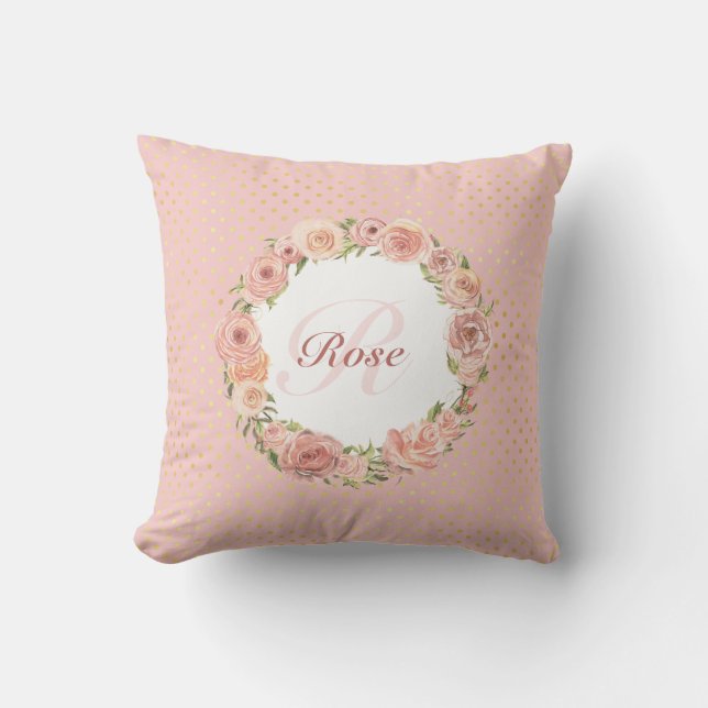 Almofada Rosa do doce floral com nome Monogrammed (Frente)