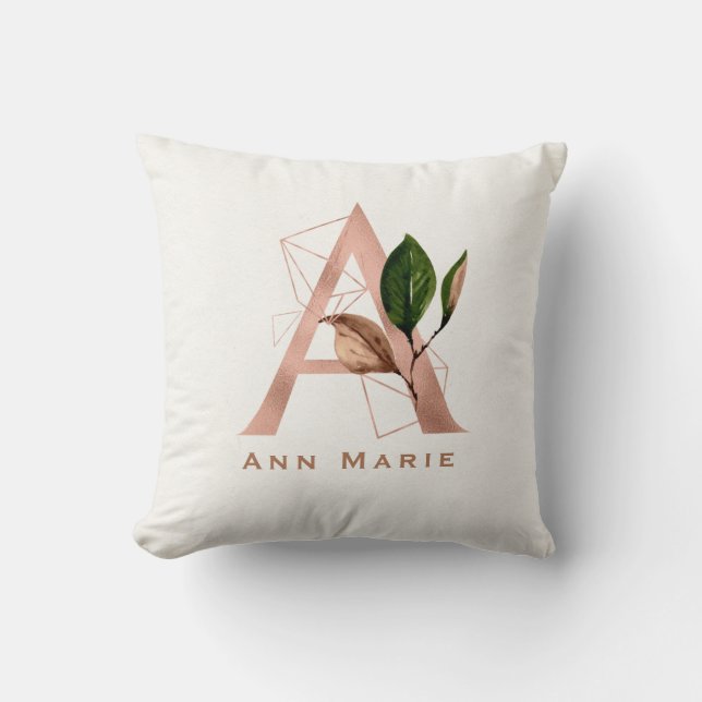 Almofada Rosa Dourado Floral com Monogramas Personalizado R (Frente)