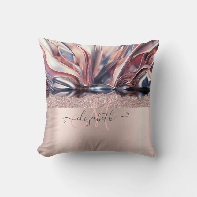 Almofada Rosa Dourado Moderno com Brilho Monograma Abstrato (Frente)