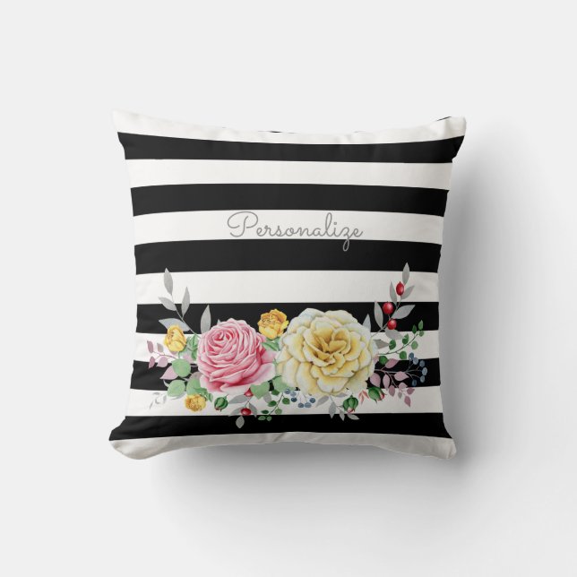 Almofada Rosa Floral Chic Trendy Black Stripes e nome (Frente)