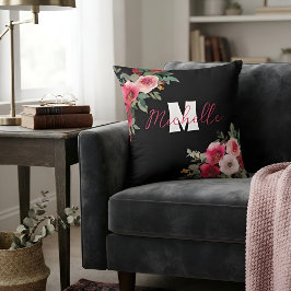 Almofada Rosa Floral Personalizada Monograma Nome Personali