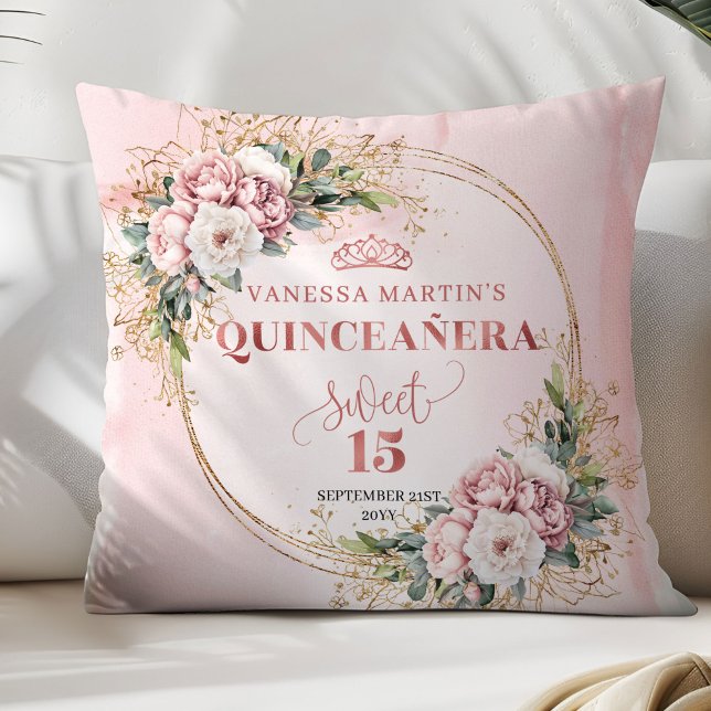 Almofada Rosa Flores Eucalipto Presente Perfeito 15 Anos (Blush Pink Floral Eucalyptus Best Gift Sweet 15 Pillow)