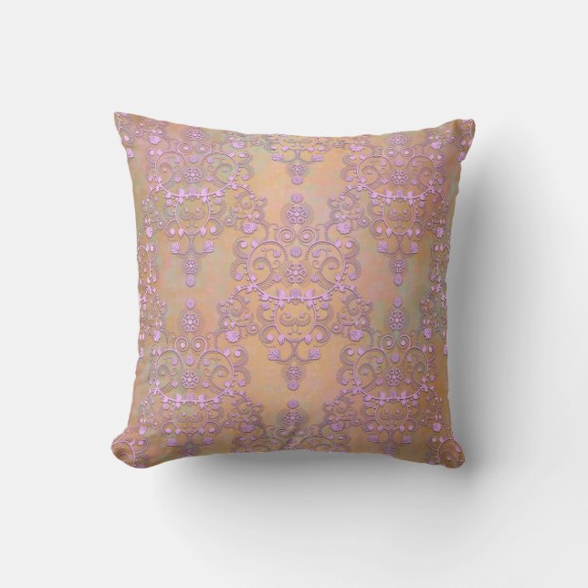 Almofada Rosa Lavanda Pastel sobre Damasco de Renda Dourado (Frente)