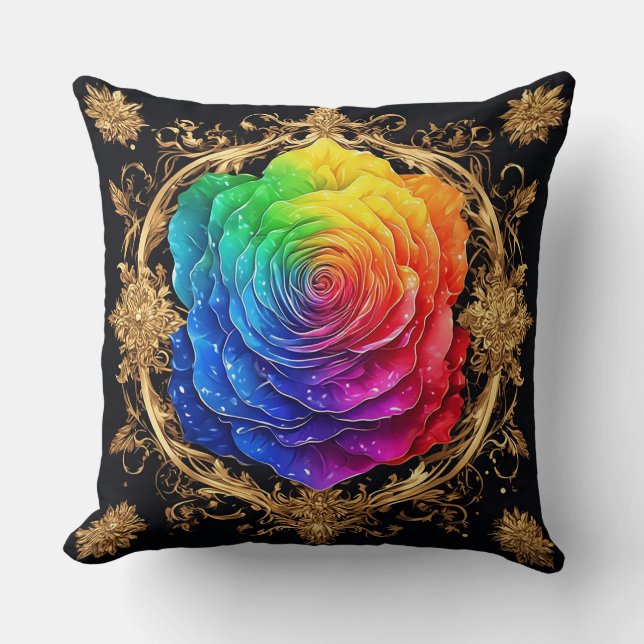 Almofada Rosa Multicolor com Floreios Dourados Ornamentais (Frente)
