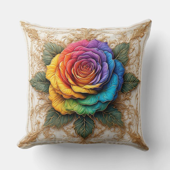 Almofada Rosa Multicolor com Floreios Dourados Ornamentais (Frente)