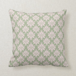 Almofada rosa pálido na cor damasco verde ornamentado sage
