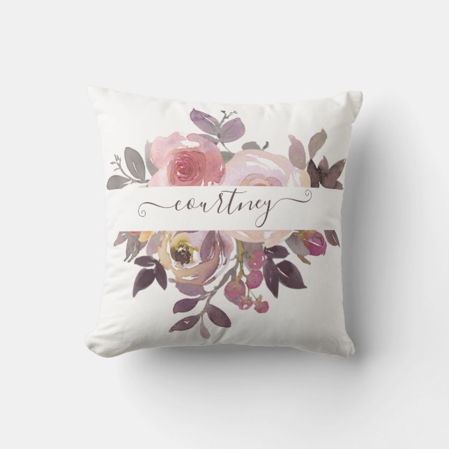 Almofada Rosa pastel e floral personalizado roxo  (Frente)