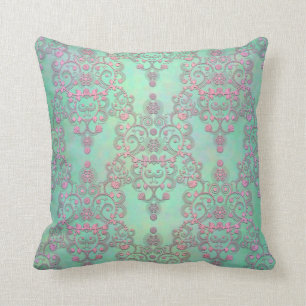 Almofada Rosa Pastel sobre Floral Damask Verde Hortelã