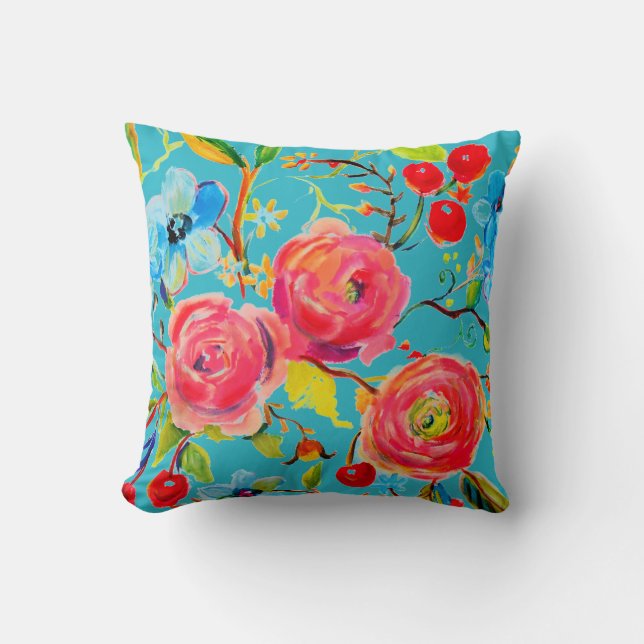 Almofada Rosa Rosa e Turquesa Personalizável Cerejeira (Frente)