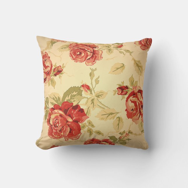 Almofada Rosa vermelha, creme, bronzeado, impressão floral  (Frente)
