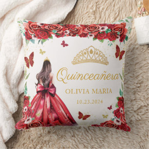 Almofada Rosa vermelha Floral Dourada Princesa Tiara Quince