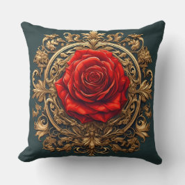 Almofada Rosa Vermelha Ornamentada Com Moldura Barroca Dour