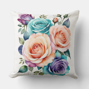 Almofada Rosas Arco-Íris Buquê de Aquarela