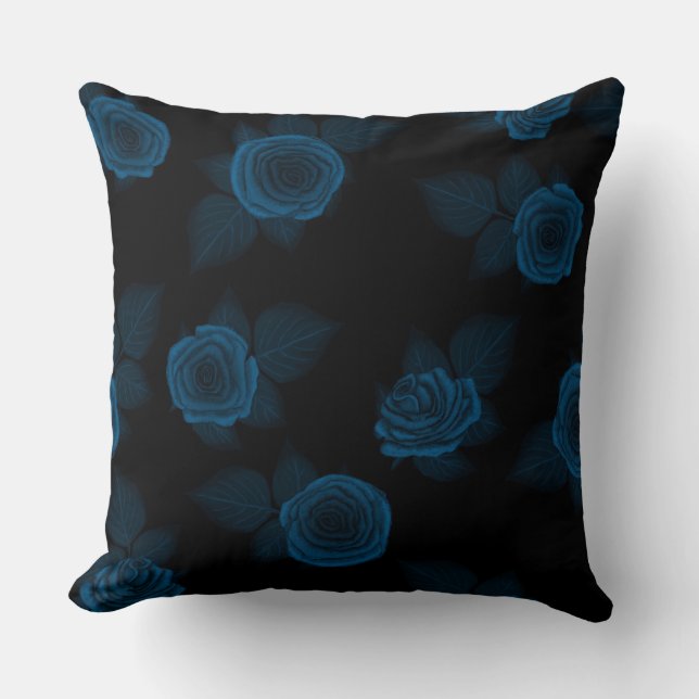 Almofada Rosas azuis escuro bonito da cerceta sobre o preto (Frente)