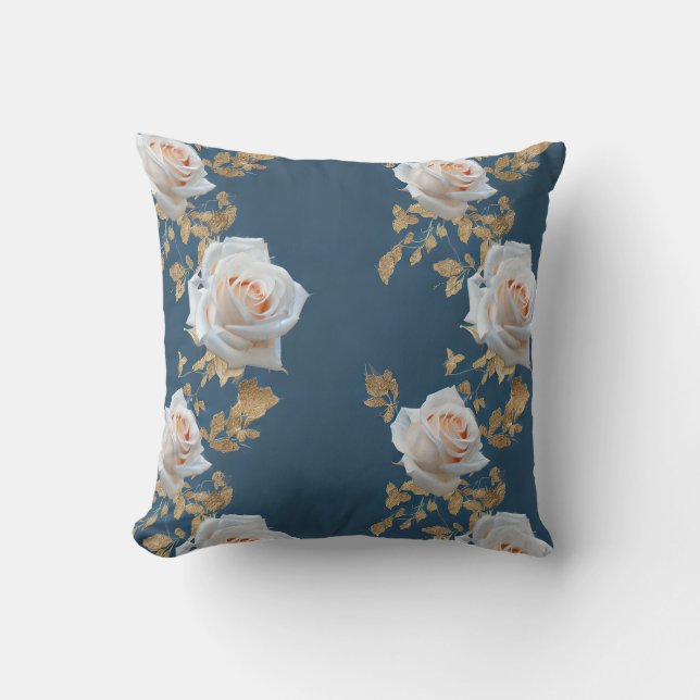 Almofada Rosas brancas e folhas de ouro sobre fundo azul (Frente)