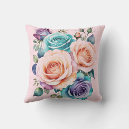 Almofada Rosas cor-de-rosa, azuis e roxas