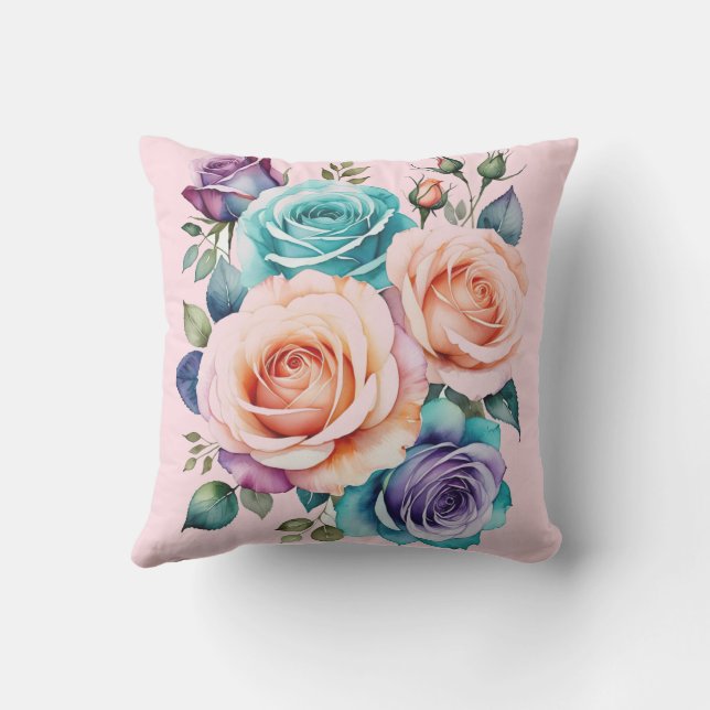 Almofada Rosas cor-de-rosa, azuis e roxas (Verso)