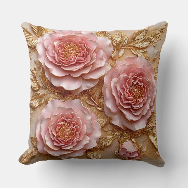 Almofada Rosas Cor-de-Rosa Elegantes com Folhas Douradas (Frente)