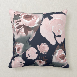 Almofada Rosas de Aquarela Rosa Flores Azul-Marinho Escuro,