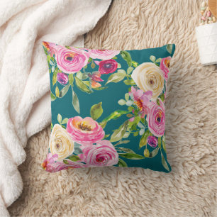 Almofada Rosas de aquarelas em rosa e creme no chão