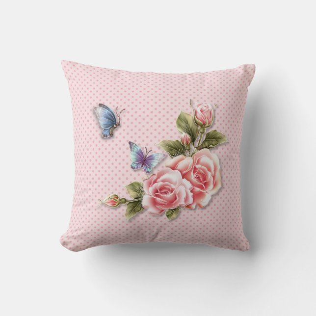 Almofada Rosas de borboletas de Bolinhas rosa (Frente)