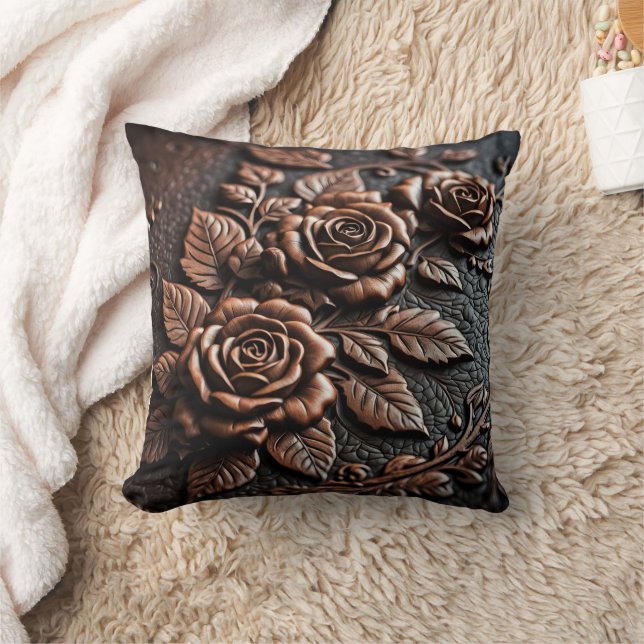 Almofada Rosas de Bronze Elegantes em Couro Intrincado (Cobertor)