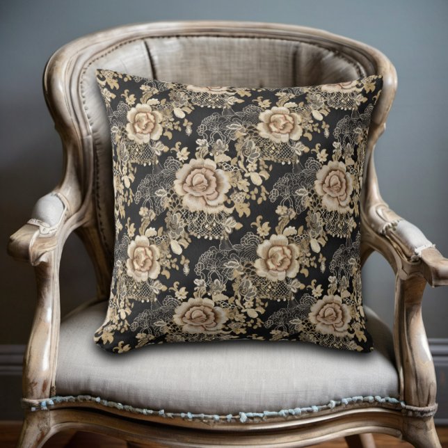 Almofada Rosas de Lace Elegante Vitoriano Preto (Criador carregado)