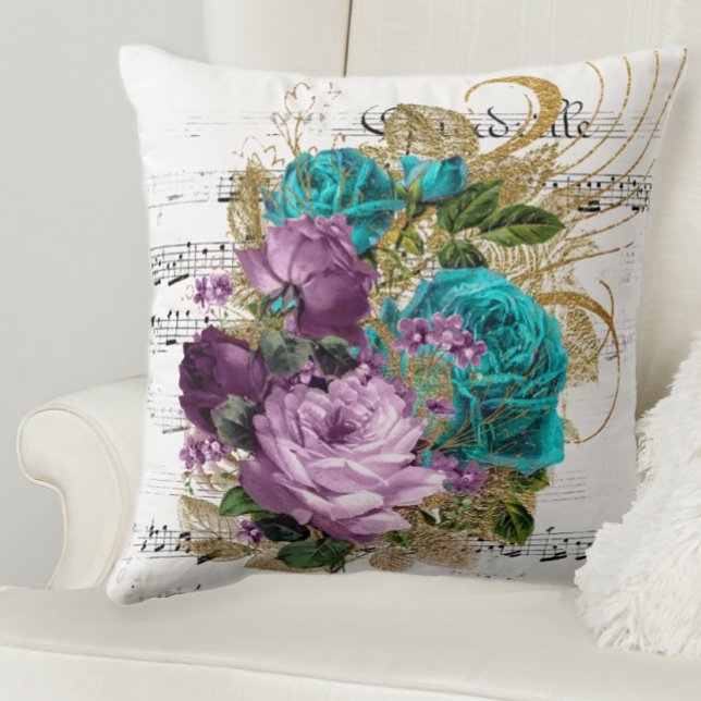Almofada Rosas de Tom de Joel (Purple and teal floral throw pillow)