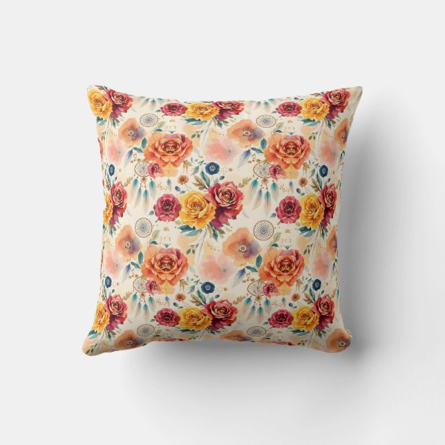 Almofada Rosas de vindima de boho e penas, padrão floral (Verso)