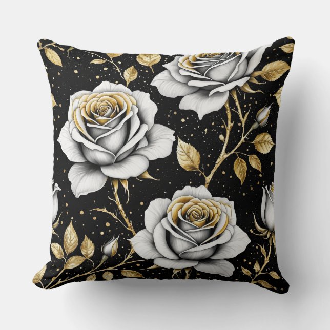 Almofada Rosas Dourados pretos com splatter (Frente)