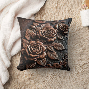 Almofada Rosas Elegantes de Bronze sobre Couro Intriciado