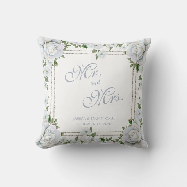 Almofada Rosas Elegantes e Casamento Floral com Borda Prate (Frente)