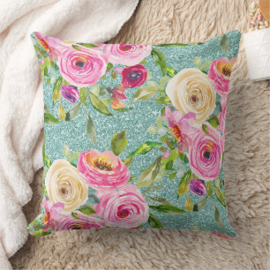 Almofada Rosas em Aquarela em Rosa e Creme com Brilho Aqua