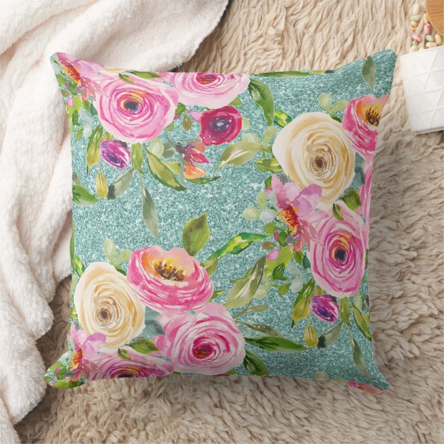 Almofada Rosas em Aquarela em Rosa e Creme com Brilho Aqua (Cobertor)