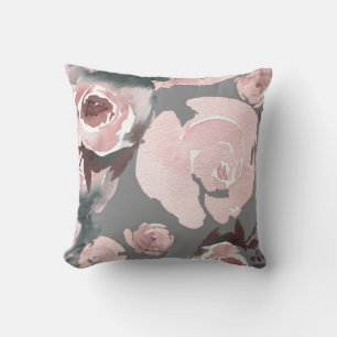 Almofada Rosas em Aquarela Rosa Cinza Carvão Floral