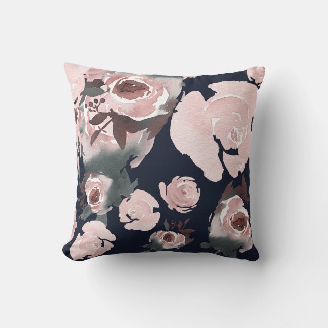 Almofada Rosas em Aquarela Rosa Flores Azul Marinho Escuro (Frente)