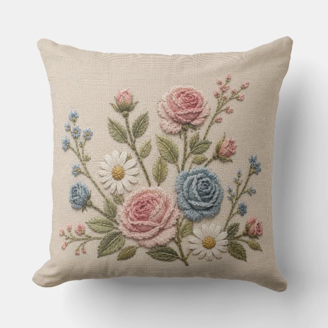 Almofada Rosas Embroidered em Blush & Azul (Frente)
