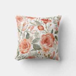Almofada Rosas Laranja Aquarela Botânica Coral Floral