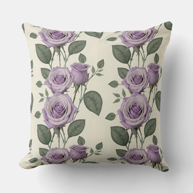 Almofada Rosas Lavanda Com Folhas Prateadas E Verdes (Frente)